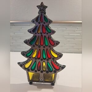 Vtg Christmas Tree Candle Holder Stained Glass Cast Iron Tiffany Style 7"